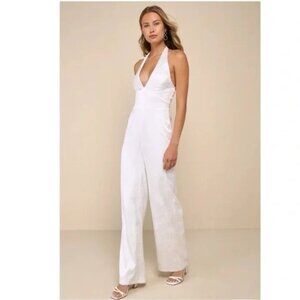 Lulu's Woman's Elegant Aspect Floral Jacquard Halter Jumpsuit Ivory Size M NWT